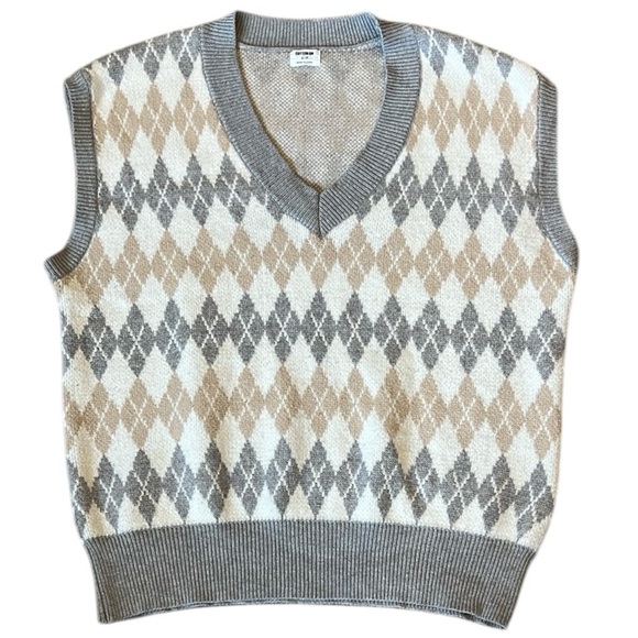 Argyle Sweater Vest Preppy Oversized V-Neck Soft Cream/Gray/Tan Layering Small - Picture 1 of 10